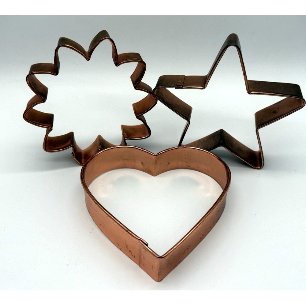 3 Vintage‎ Large Copper Cookie Cutters-Heart, Star & Flower 5.5 Inches